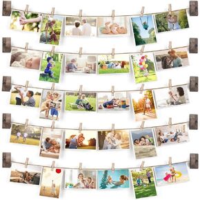 Hanging Photo Display, Wood Picture Photo Frame for Wall DIY Decor 5 Strings with 30 Clips, Adjustable Twines fit Multi Pictures Frames Collage Organizer 35 x 35 inch