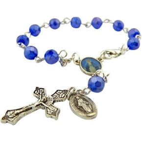 Catholic Gift Our Lady of Grace Mary Travel Protection 6MM Blue Glass Bead 5 3/4 Inch Rearview Mirror Car Truck Auto Rosary