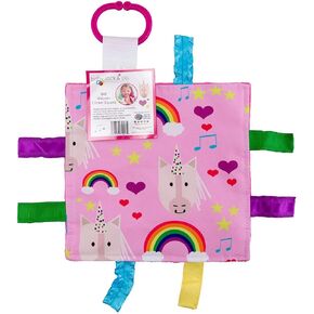 Baby Jack & Co 8x8" Unicorn Lovey Tag Toys for Babies - Baby Crinkle Toys - Crinkle Toys for Baby - Soft & Safe - Learn Shapes & Colors - Ideal Baby Toy - BPA Free w/Stroller Clip