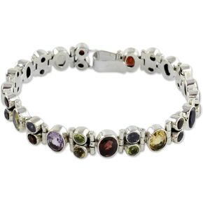 NOVICA Artisan Handmade Multigemstone Link Bracelet Sterling Silver Peridot Iolite Green Multicolor Purple Red Yellow India Birthstone [7.5 in L x 0.4 in W] ' Sparkle'