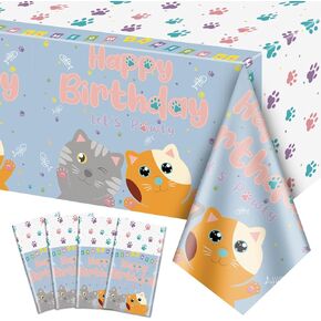 4 Pack Cat Themed Happy Birthday Tablecloths, 51x87'' Kitten Cat Birthday Plastic Disposable Table Covers for Kids Birthday Party Decorations, Kitten Theme Party Supplies