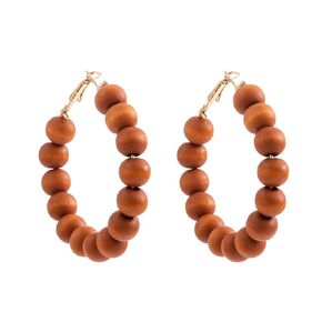 Wood Beaded Hoop Earrings for Women Girls Fashion Handmade Natural Bohemian Vintage Ethnic Circle Round Bead Wooden Dangle Drop Statement Earrings Boho Jewelry Gifts (Wine Red)