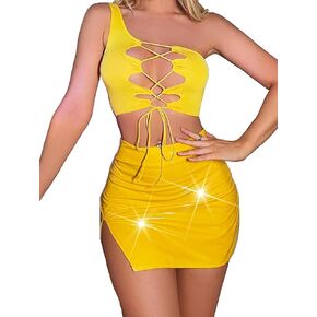 FlatterMe 3pack Lingerie Sets Neon Yellow Patent Lace Up Front Split Hem One Shoulder Costume Set