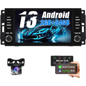 راديو سيارة 2+64 جيجا لسيارة جيب كرايسلر دودج مع Carplay وAndroid Auto، ستيريو سيارة بشاشة تعمل باللمس 7 بوصة مع بلوتوث، وصلة مرآة، ملاحة GPS، راديو FM وكاميرا احتياطية