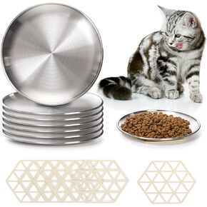 SOUJOY 6 Pieces Stainless Steel Cat Bowl, 6.7'' Whisker Fatigue Cat Food Dishes with Non-Slip Mat, Shallow and Wide Pet Plate for Cat and Small Pet