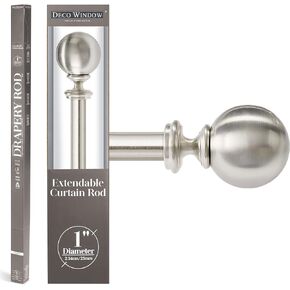 Deco Window Curtain Rod Adjustable 72 to 144 Inch Satin Silver Heavy Duty for Windows & Doors with Round Finials & Brackets Set (1" Diameter)