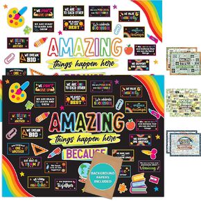 61 Pcs Amazing Things Happen Here Bulletin Board Decorations for Elementary with Background Papers and Borders - Chalkboard School Bulletin Board Decorations, Bulletin Board Set, Bulletin Board Decor