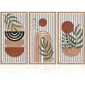 IARTTOP Large Abstract Geometric Wood Wall Art Framed Boho Wall Art Set Of 3 Mid Century Modern Wall Art Neutral Wall Decor For Bedroom Living Room Office-16 x32