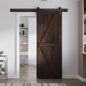 42in x 84in Brown Barn Door with 7ft (84inch) Barn Door Hardware Track Kit and Handle Included, Double Surfaces,Simple Assembly is Required,K-Frame,Coffee