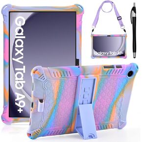 DETUOSI Compatible with Samsung Galaxy Tab A9 Plus Case 11 inch 2023, with Shoulder Strap & Stylus Pen, Soft Silicone Multi-Angle Case for Galaxy Tab A9+ Tablet SM-X210/X216/X218, Rose Red & Purple
