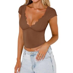 REORIA Womens Summer Deep V Neck Backless Lace Short Sleeve Slim Fit T-Shirts Trendy Y2k Corset Crop Tops 2024