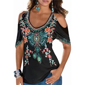 Women Embroidered Cold Shoulder Tops Casual Peasant Blouses Summer Short Sleeve Mexican Shirts