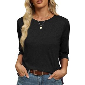 Women's Summer Tops 3/4 Sleeve Round Neck Tshirts Cute Tunic Loose Fit Pullover Blouses & Basic Tees
