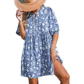 CUPSHE Women's Floral Mini Beach Dress V Neck Puff Half Sleeve A Line Casual Summer Dresses