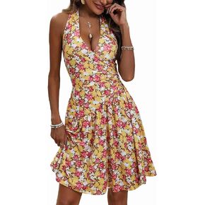 فستان نسائي صيفي من FENSACE مثير ملفوف على شكل حرف V بدون أكمام مزين بالورود in Kuwait