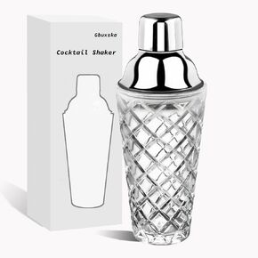 Glass Cocktail Shaker Kit, 14.2 Ounce Martini Cocktail Making Set with Leakproof Metallic Steel Lid & Strainer for Home Use & Bar Cart Gold