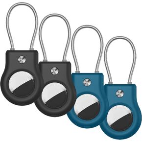 AirTag Keychain Holder - Air tag Lock Case with Wire Cable Compatible with Apple AirTag, Ultra Durable Anti-Lost Protective Case with Keyring for Luggage, Key, Backpack, Pet (Black/Blue (4 Pack))
