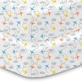 BreathableBaby Cotton Percale Fitted Sheet, for 52" x 28"/132 x 71 cm Crib & Toddler Bed Mattress, Airplanes (2-Pack)