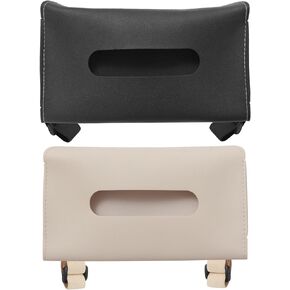 PATIKIL Car Tissue Holder Set, 2 Pcs PU Leather Rectangle Napkin Paper Towel Dispenser Box Case with Elastic Strap for Car Sun Visor Seat, Black Beige