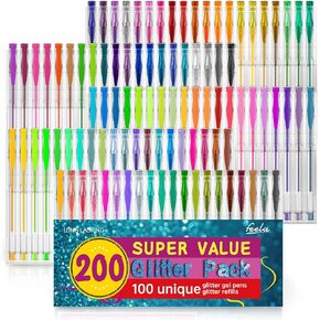 feela 200 Pack Glitter Gel Pens Set 100 Gel Pen plus 100 Refills for Adult Coloring Books Drawing Art Markers