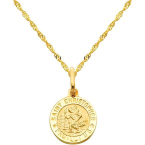 The World Jewelry Center 14k Yellow Gold Religious Saint Christopher Medal Pendant with 1.2mm Singapore Chain Necklace
