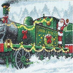 Dimensions Santa Express Counted Cross Stitch Kit, 14 Count Blue Aida, 10'' x 10''