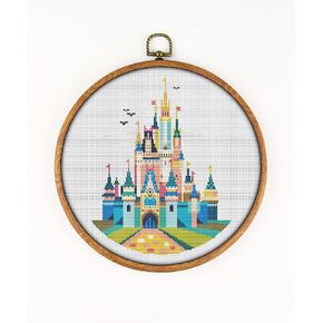 Cinderella Castle K490 Counted Cross Stitch KIT. Threads, Needles, 2 Fabrics, Threader, Clippers and 4 Printed Color Patterns. Embroidery Pattern Kit