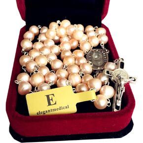 elegantmedical HANDMADE Pink Real Pearls Lourdes Water MEDAL ROSARY BOX CROSS CRUCIFIX CATHOLIC NECKLACE GIFTS