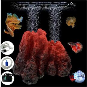 aikido Aquarium Volcano Bubbler Kit Realistic Resin Decorations with Air Stone Colorful LED Light Decor for Fish Tank Landscape Addition and Oxygenation (Kit B)