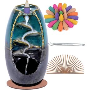 Ceramic Aroma Incense Holder and Backflow Waterfall Burner, with 120 Backflow Incense Cones Home Decor, Room Decor for Peaceful and Relaxing Environment (Cyan)