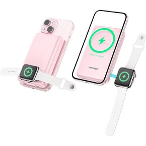 Magnetic Wireless Charger 10000mAh Power Bank with iWatch Charger Magsafe Battery Pack Protable 20W PD Fast Charging Compatible with iPhone 15/14/13/12 Series(Pink)