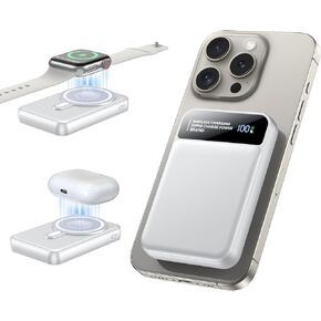 Magnetic Power Bank 12000mAh,3-in-1 Wireless Portable Charger,22.5W PD Fast Charging with LCD Display,Magsafe Battery Pack Compatible with All iPhone 15/14/13/12/iWatch/Airpods/Galaxy Phones Series