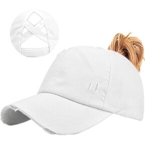 Enwokran Women Ponytail Hat Baseball Cap, Adjustable Criss Cross Buns Ponycaps High Bun Cotton Distressed Dad Trucker Hats