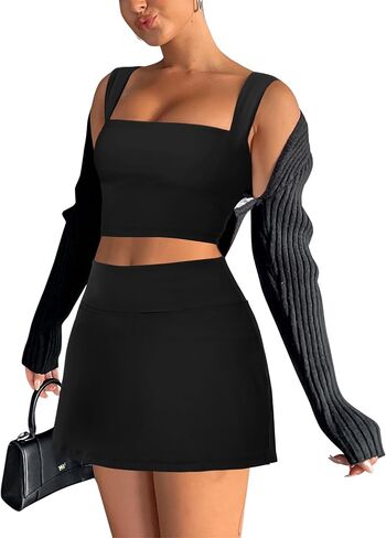 Club Outfits for Women 2 Piece Skirt Sets Mini Going Out Dresses Square Neck Dress Padded Tank Top with Shorts Pockets in Saudi Arabia