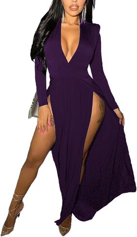 LYANER Women's Sexy Deep V Neck High Split Side Long Sleeve Long Cocktail Dress in Saudi Arabia
