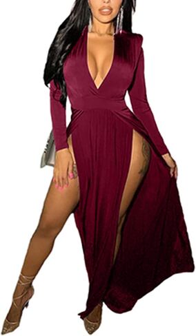 LYANER Women's Sexy Deep V Neck High Split Side Long Sleeve Long Cocktail Dress in Saudi Arabia