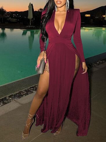 LYANER Women's Sexy Deep V Neck High Split Side Long Sleeve Long Cocktail Dress in Saudi Arabia