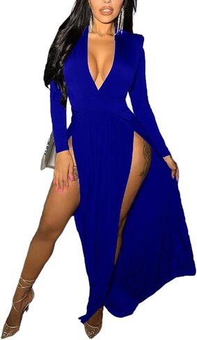 LYANER Women's Sexy Deep V Neck High Split Side Long Sleeve Long Cocktail Dress in Saudi Arabia