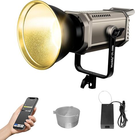 Manbily CFL-200Bi 200W ثنائي اللون COB LED ضوء فيديو، إضاءة مستمرة للإخراج المعدني مع حامل بوينز، التحكم في التطبيق، 49200Lux 1M، 3000K-6500K، CRI≥97، TLCI≥98، 12 مشهدًا للبث المباشر in Kuwait