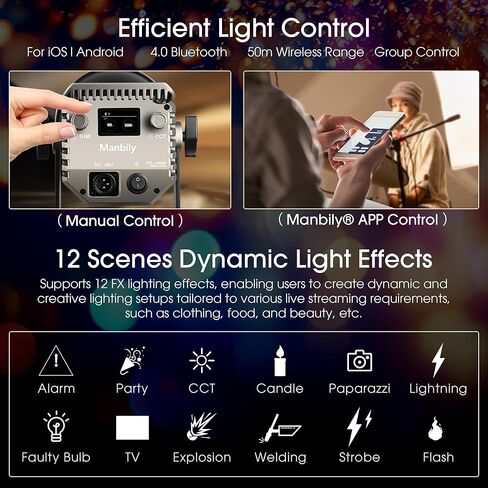 Manbily CFL-200Bi 200W ثنائي اللون COB LED ضوء فيديو، إضاءة مستمرة للإخراج المعدني مع حامل بوينز، التحكم في التطبيق، 49200Lux 1M، 3000K-6500K، CRI≥97، TLCI≥98، 12 مشهدًا للبث المباشر in Kuwait