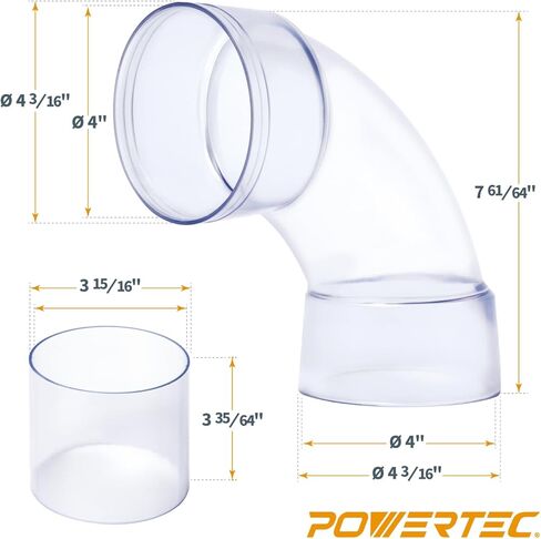POWERTEC 70309-P2 كوع معرف 90 درجة مقاس 4 بوصات لأنابيب جمع الغبار مقاس 4 بوصات ومحولات وتجهيزات مع وصلة لموصل خرطوم جمع الغبار بمعرف 4 بوصات (شفاف)، مجموعتان in Saudi Arabia