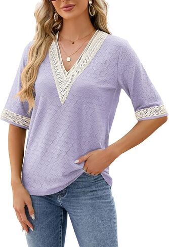 المرأة 3/4 كم تونك القمم عادية الدانتيل تقليم الخامس الرقبة العيينة متأنق السيدات البلوزات الصيف الربيع تي شيرت in Kuwait