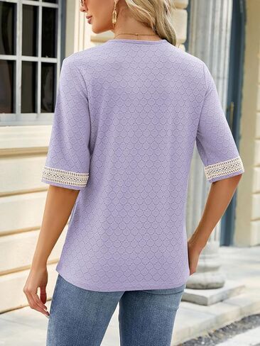 المرأة 3/4 كم تونك القمم عادية الدانتيل تقليم الخامس الرقبة العيينة متأنق السيدات البلوزات الصيف الربيع تي شيرت in Kuwait