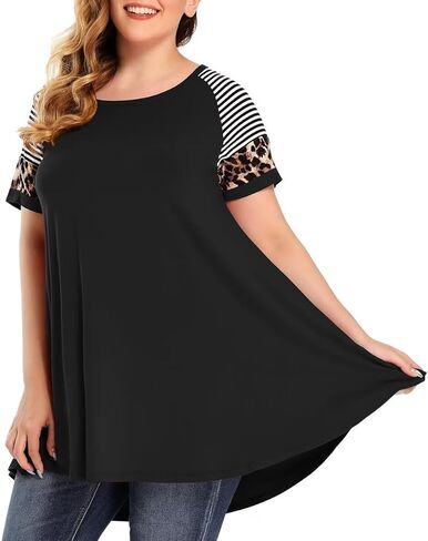 MONNURO Plus Size Tunics Leopard Print Tops For Women Casual Short Sleeve Striped Shirt Loose Fit in Saudi Arabia