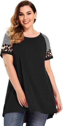 MONNURO Plus Size Tunics Leopard Print Tops For Women Casual Short Sleeve Striped Shirt Loose Fit in Saudi Arabia
