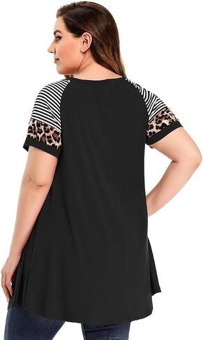 MONNURO Plus Size Tunics Leopard Print Tops For Women Casual Short Sleeve Striped Shirt Loose Fit in Saudi Arabia