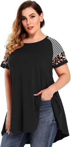 MONNURO Plus Size Tunics Leopard Print Tops For Women Casual Short Sleeve Striped Shirt Loose Fit in Saudi Arabia