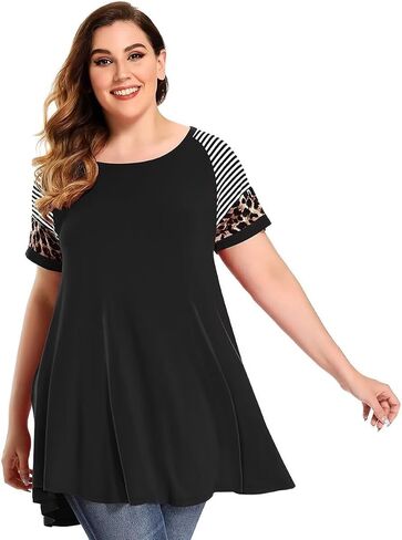 MONNURO Plus Size Tunics Leopard Print Tops For Women Casual Short Sleeve Striped Shirt Loose Fit in Saudi Arabia