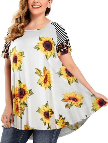 MONNURO Plus Size Tunics Leopard Print Tops For Women Casual Short Sleeve Striped Shirt Loose Fit in Saudi Arabia