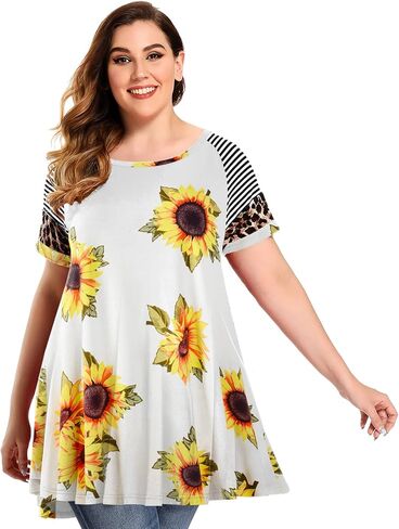 MONNURO Plus Size Tunics Leopard Print Tops For Women Casual Short Sleeve Striped Shirt Loose Fit in Saudi Arabia